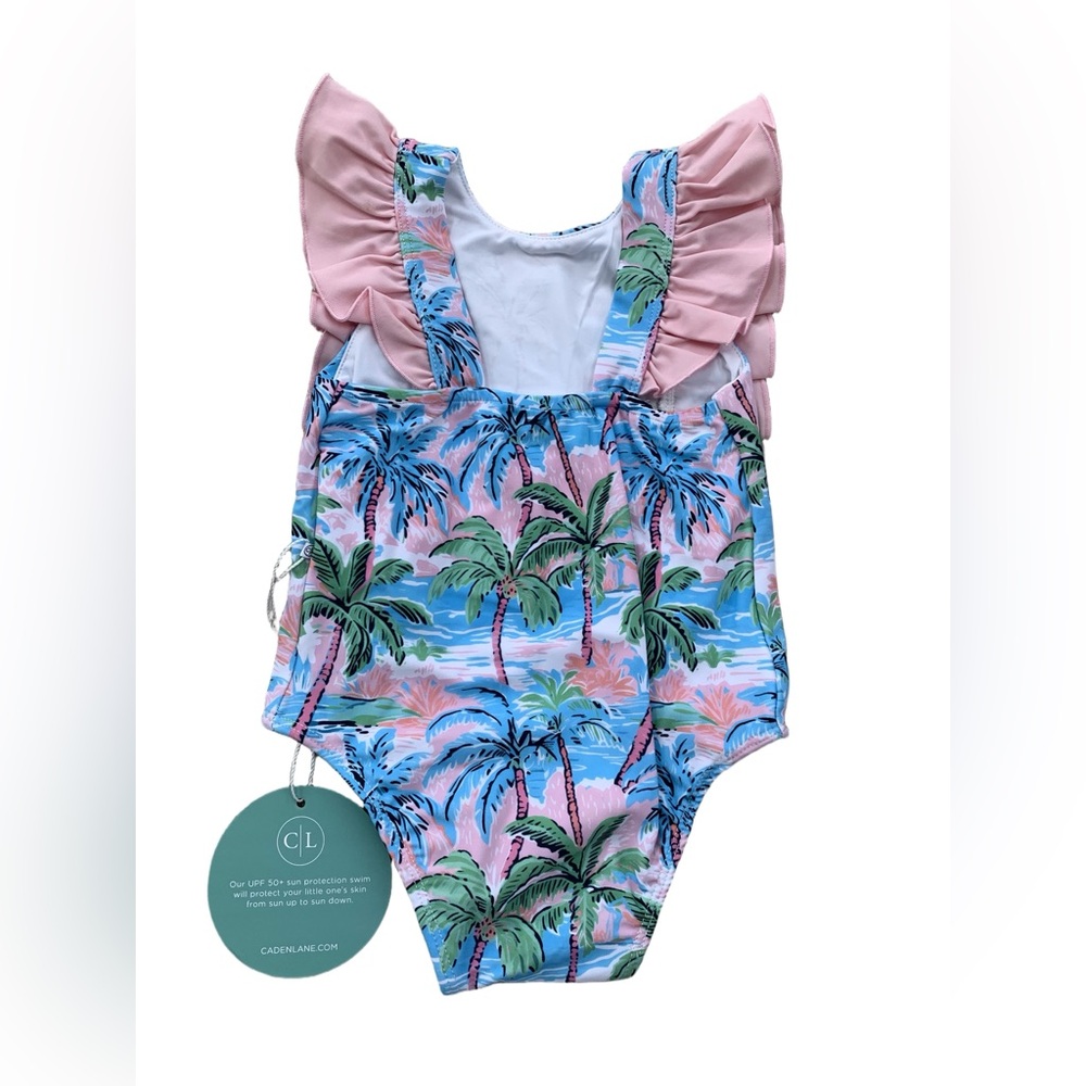 Caden Lane NWT Size 6-12 Months Ocean Pearl Ruffle Palm Tree One Piece Swimsuit - Picture 2 of 7